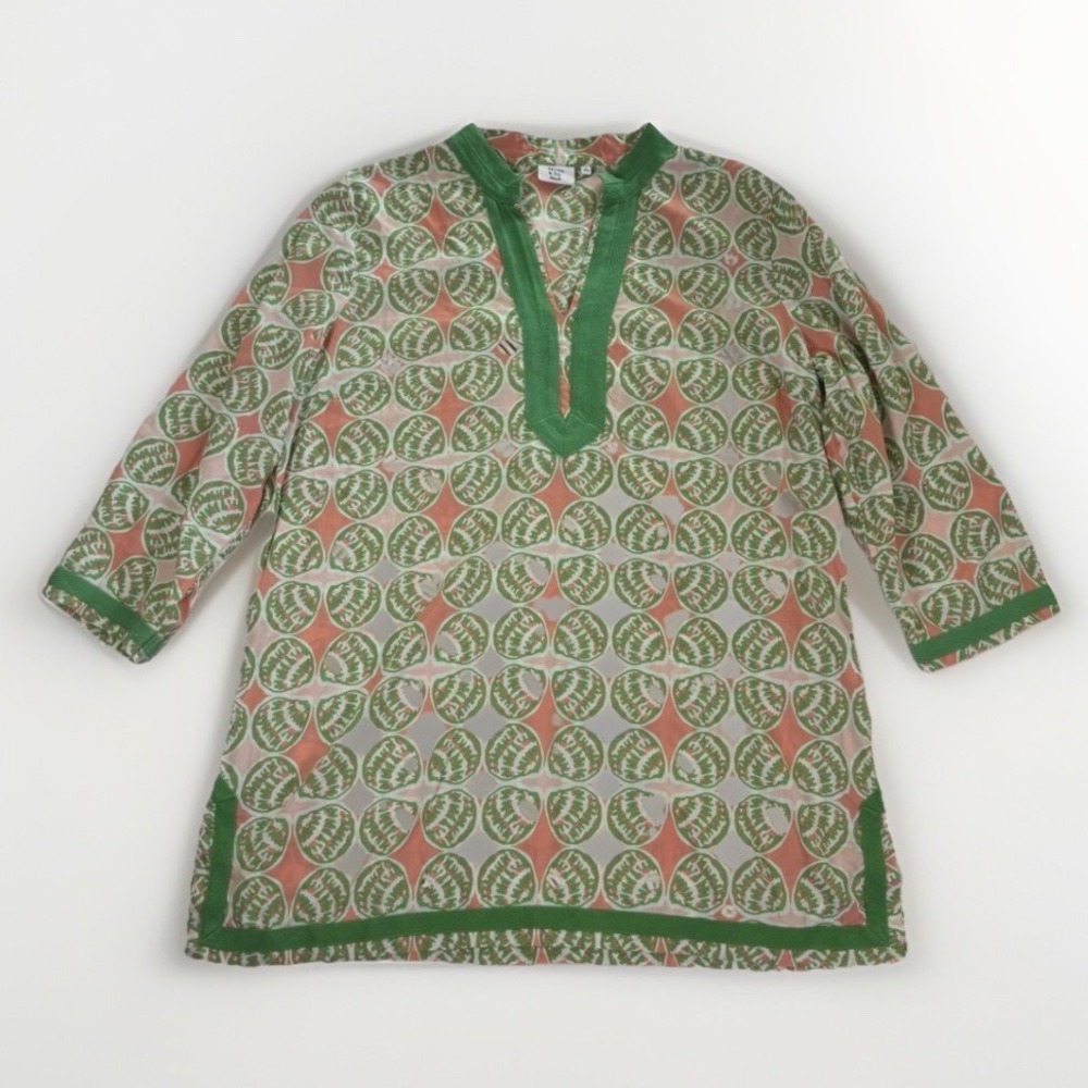 Crown & Ivy Beach Tunic Womens Large Orange Green Shell Print Cotton Coverup Mod